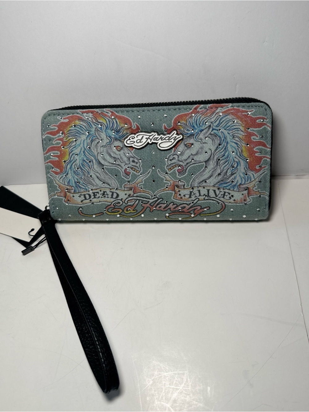 Ed Hardy Dead Alive Horses Wallet Rhinestone Zip Around Wristlet Y2K NWT